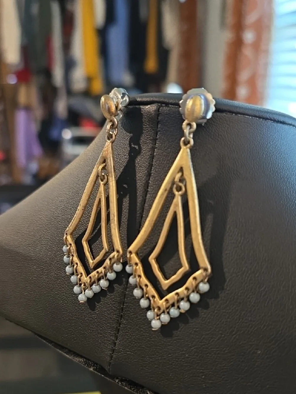 Gold-Tone Drop Earrings with Light Gray Bead Fringe